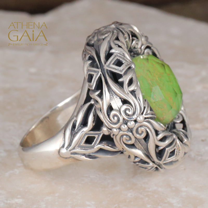 Byzantine Button Filigree Ring - Sterling Silver Ring - Cocktail Ring - Large Stone Ring