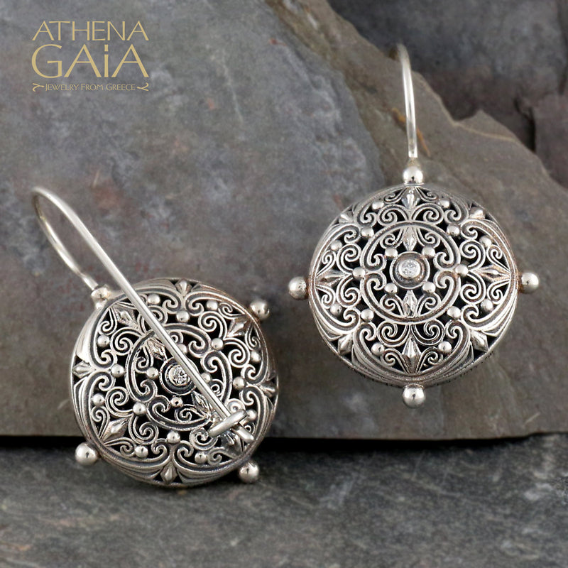 Kallisto Round Filigree Earrings - Sterling Silver with optional Plating - French Wire Earrings