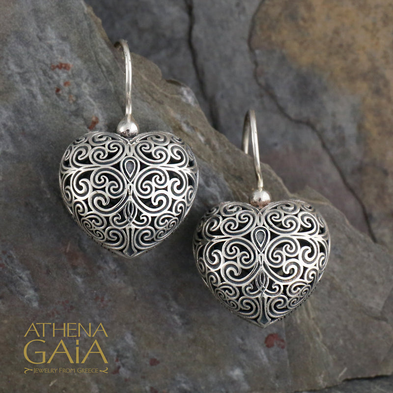 Kallisto Heart Filigree Earrings - Sterling Silver - French Wire Earrings