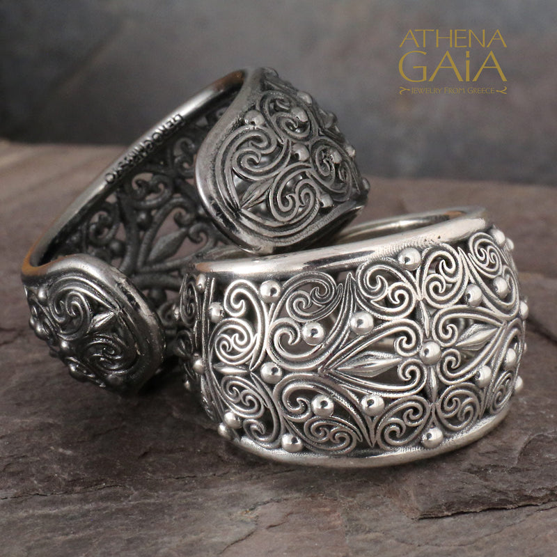 Kallisto Open Band Filigree Ring - Sterling Silver - Cigar Band Ring