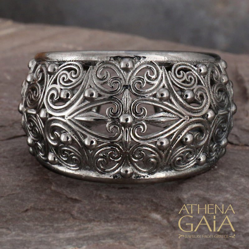 Kallisto Open Band Filigree Ring - Sterling Silver - Cigar Band Ring