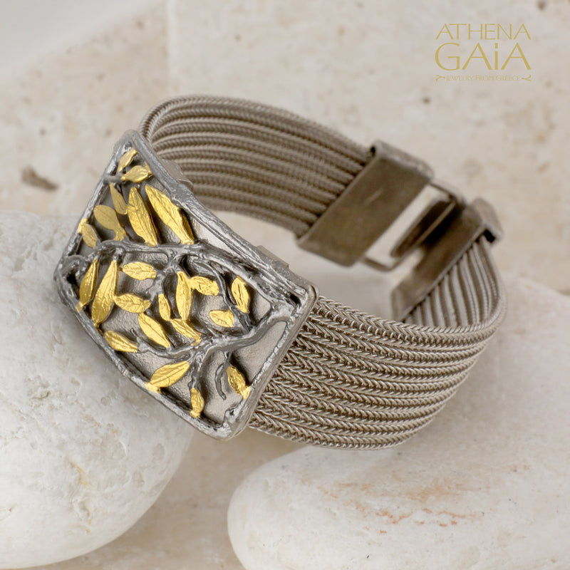 Tetragano Olive Tree Bracelet (Small) - Gold Plated Sterling Silver - Cuff Bracelet