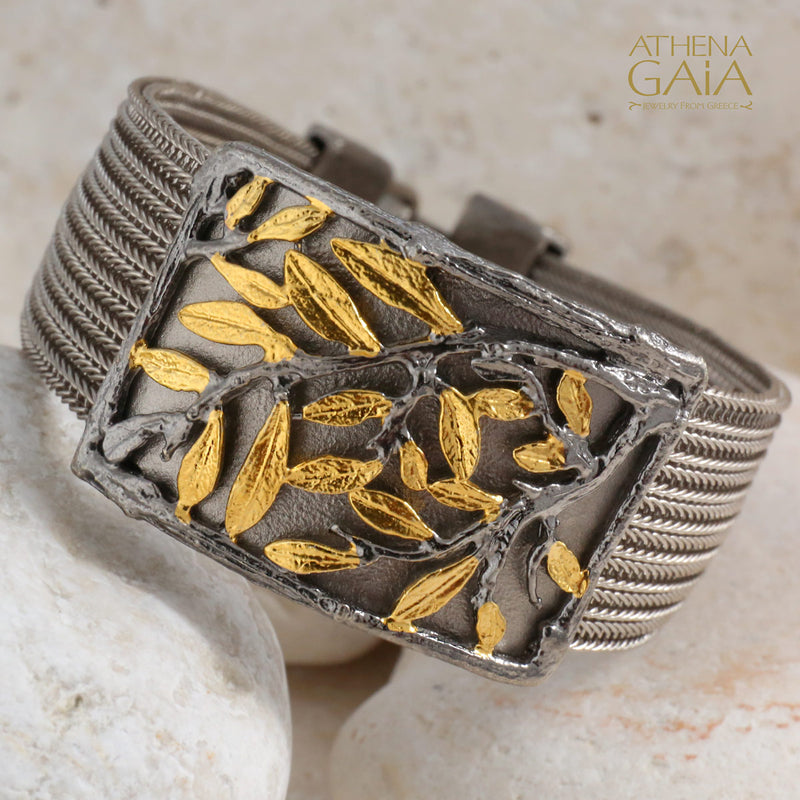 Tetragano Olive Tree Bracelet (Small) - Gold Plated Sterling Silver - Cuff Bracelet