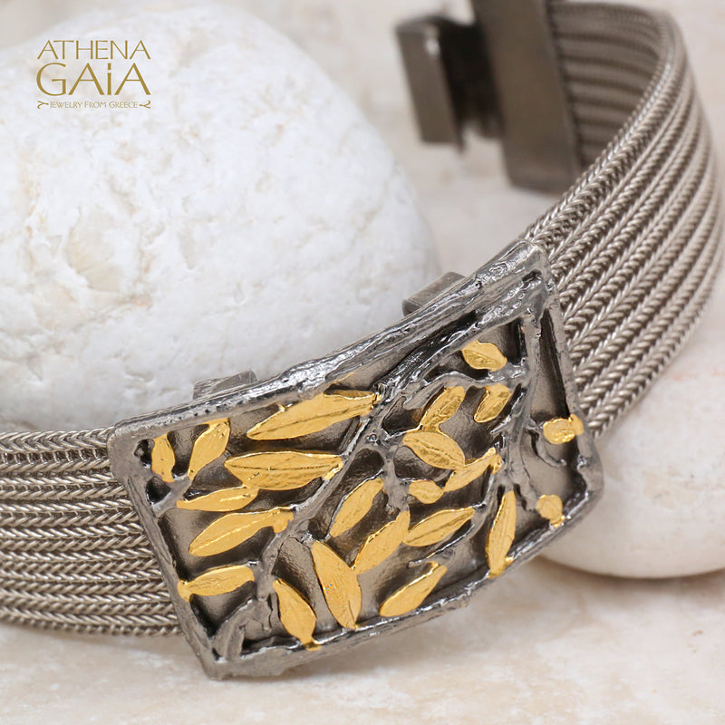 Tetragano Olive Tree Bracelet (Small) - Gold Plated Sterling Silver - Cuff Bracelet