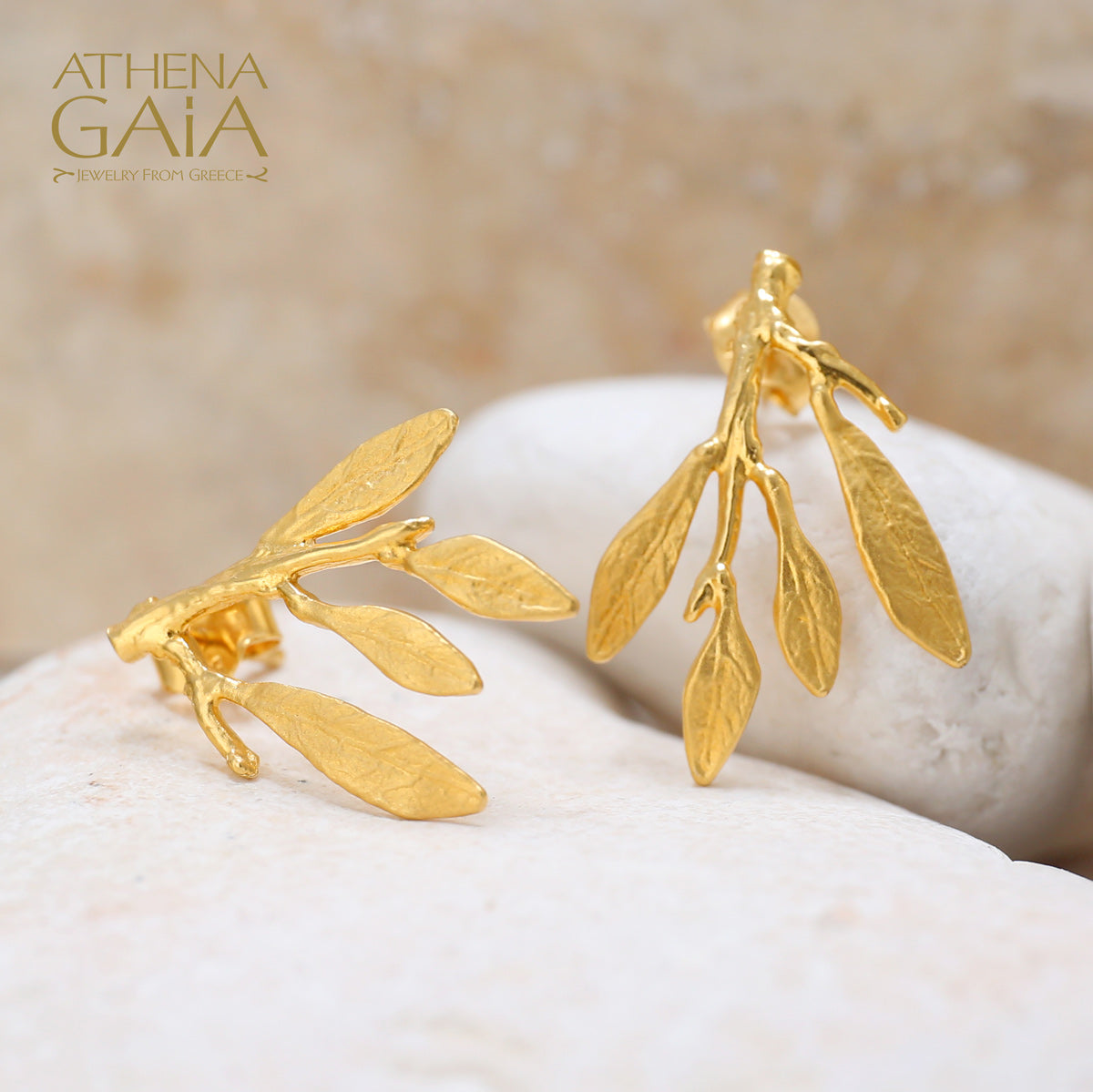 Gold Olive Leaf Short Earrings made in Greece  Athena Gaia