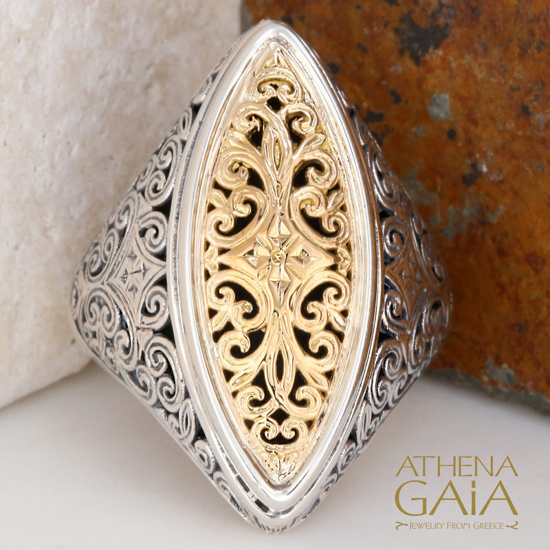 Mediterranean Gold Face Slice Ring - 18k Gold & Sterling Silver Ring - Cocktail Ring