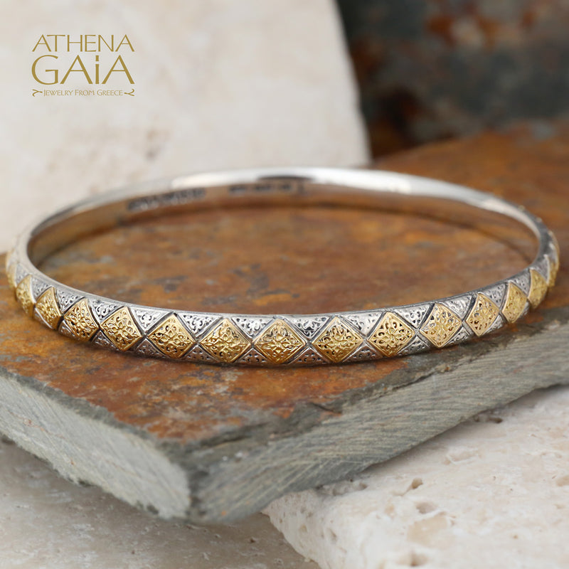Thin Byzantine Checker Bangle Bracelet - Solid 18k Gold & Sterling Silver