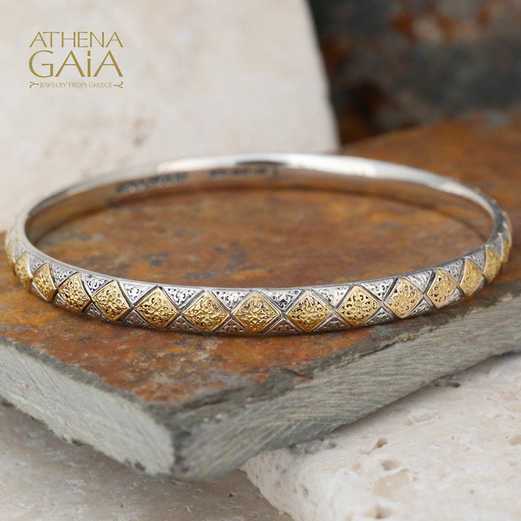 Byzantine Checker Thin Bangle Bracelet - 18k Gold and Sterling Silver - Bangle Bracelet (In-Stock)