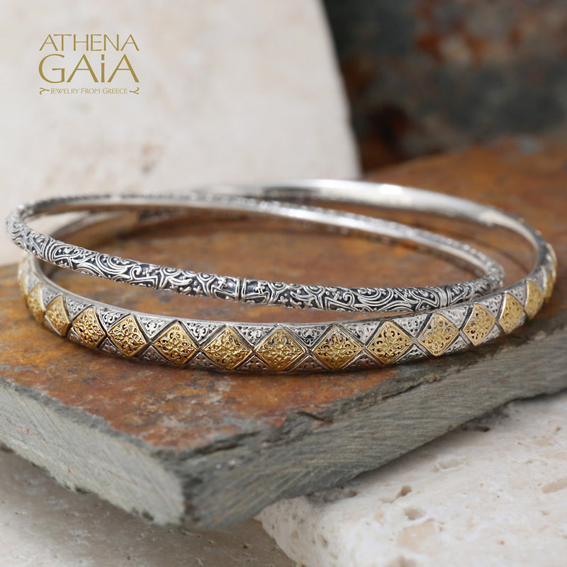 Thin Byzantine Checker Bangle Bracelet - Solid 18k Gold & Sterling Silver
