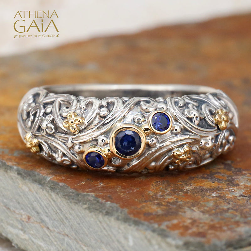 Meadow Breeze Stone Path Floral Band Ring - 18k Gold & Sterling Silver Ring - Stackable Ring