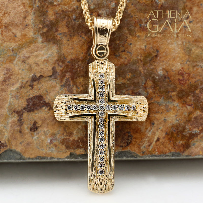 Cross on Textured Cross - 14k Gold - Latin Baptismal Cross