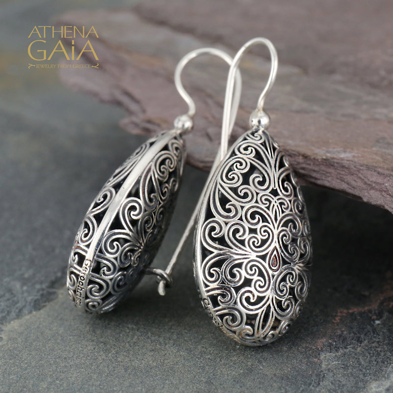 Kallisto Teardrop Filigree Earrings - Sterling Silver - French Wire Earrings