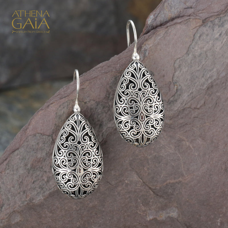 Kallisto Teardrop Filigree Earrings - Sterling Silver - French Wire Earrings