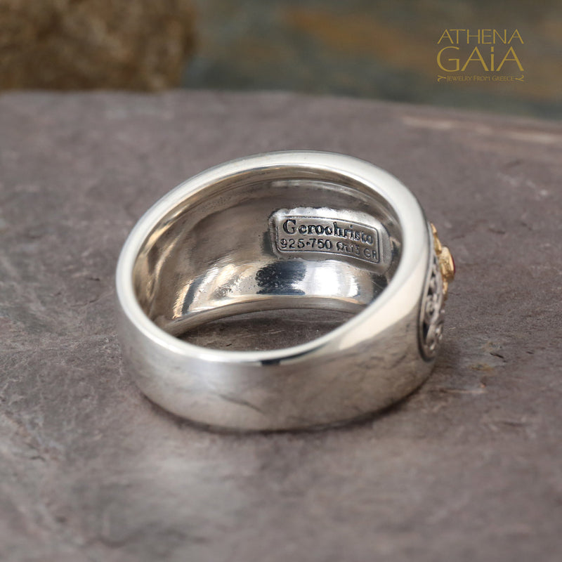 Triple Cross Eastern Ruby Ring 18k Gold & Sterling Silver Ring - Cigar Band Ring