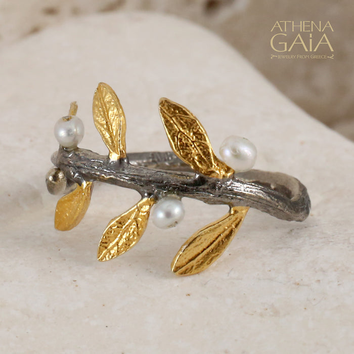 Pearl Olive Twig Ring