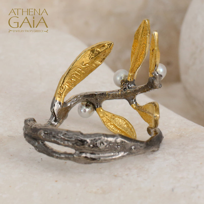 Pearl Olive Half Wrap Ring - Gold Plated Sterling Silver Ring