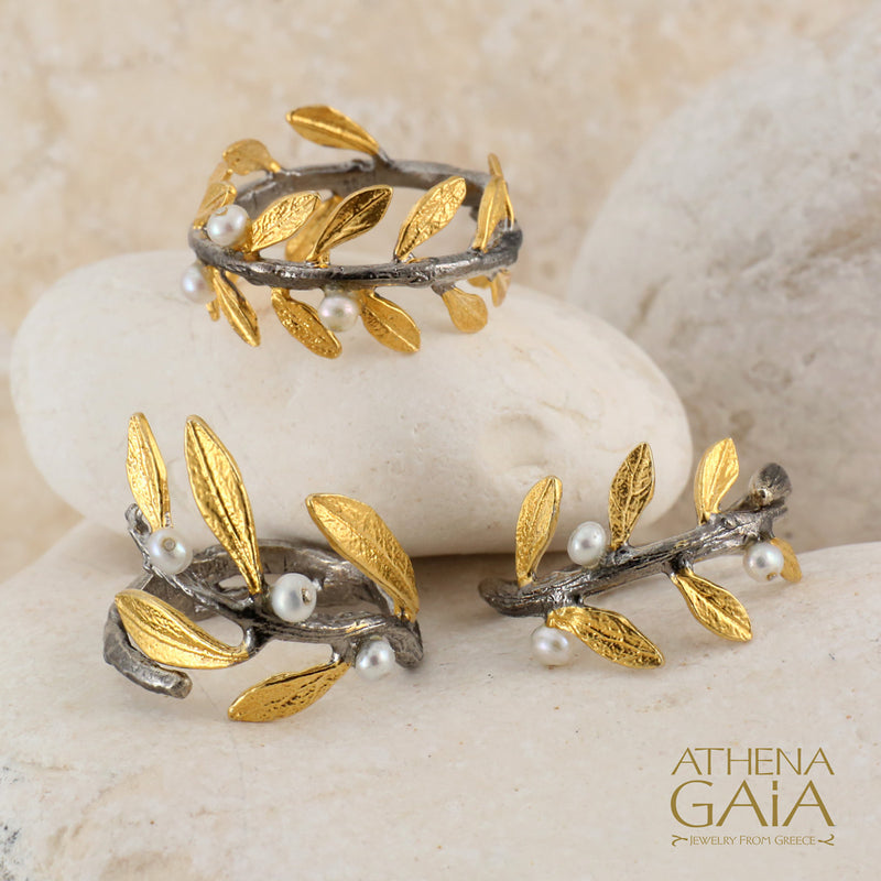 Pearl Olive Twig Ring - Gold Plated Sterling Silver Ring
