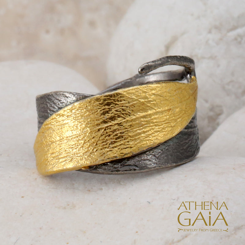 Dual Leaf Twig Wide Band Ring - Gold Plated Sterling Silver Ring