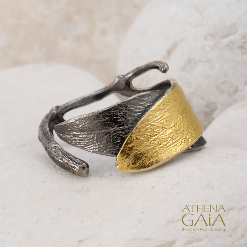 Dual Leaf Twig Wide Band Ring - Gold Plated Sterling Silver Ring