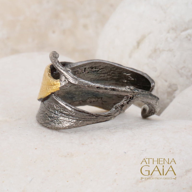 Dual Leaf Twig Wide Band Ring - Gold Plated Sterling Silver Ring