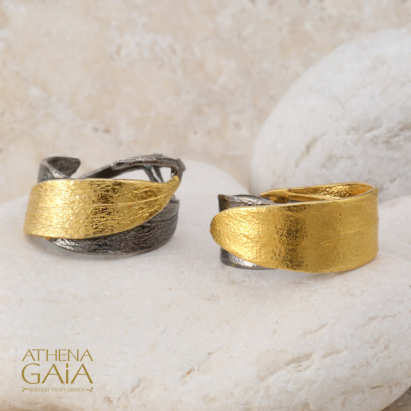 Dual Leaf Wide Band Ring - Gold Plated Sterling Silver Ring