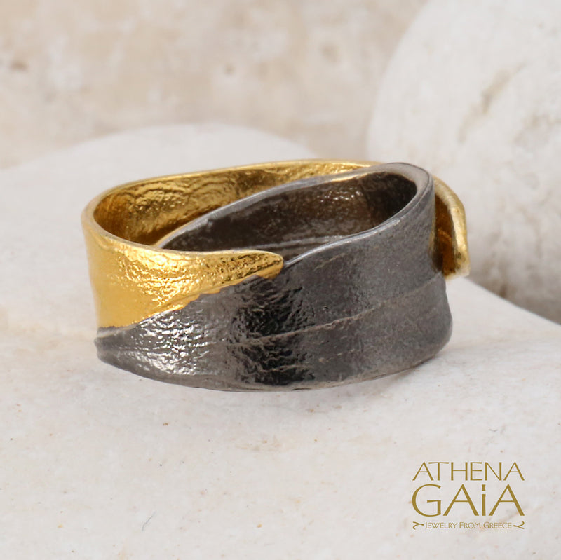 Dual Leaf Wide Band Ring - Gold Plated Sterling Silver Ring