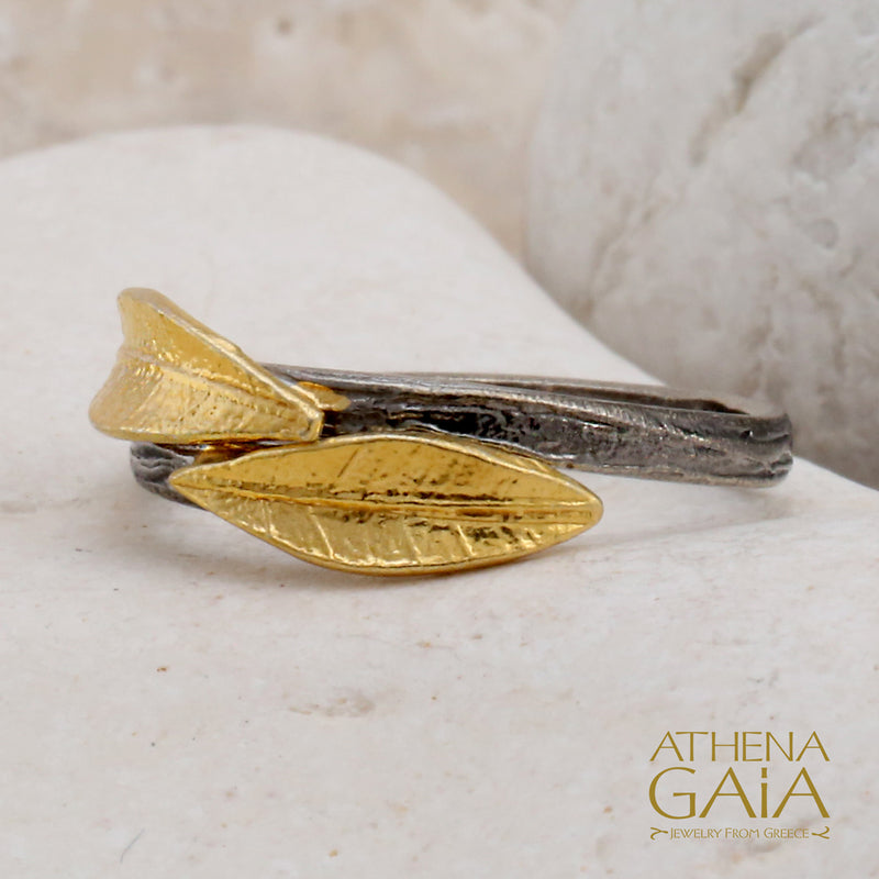 Dual Leaf Narrow Ring - Gold Plated Sterling Silver Ring