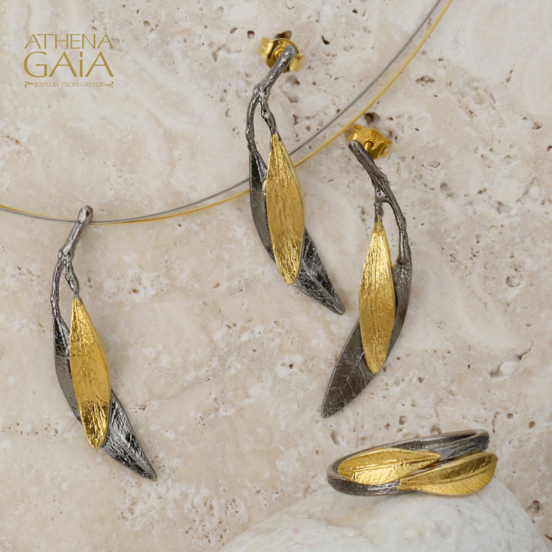 Dual Leaf Earrings - Gold Plated Sterling Silver Earrings