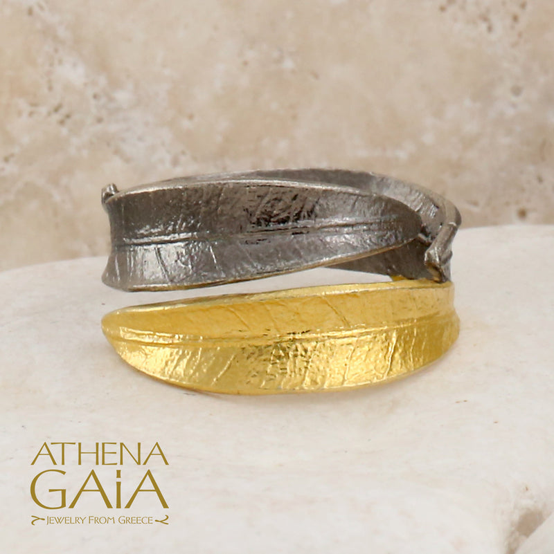 Dual Leaf Wrap Ring - Gold Plated Sterling Silver Ring