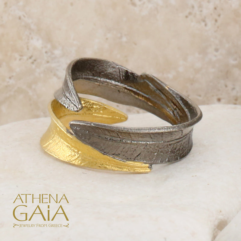 Dual Leaf Wrap Ring - Gold Plated Sterling Silver Ring