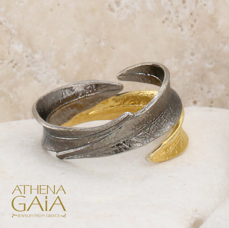 Dual Leaf Wrap Ring - Gold Plated Sterling Silver Ring