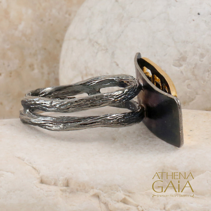 Greek Key Twig Ring - Gold Plated Sterling Silver Ring