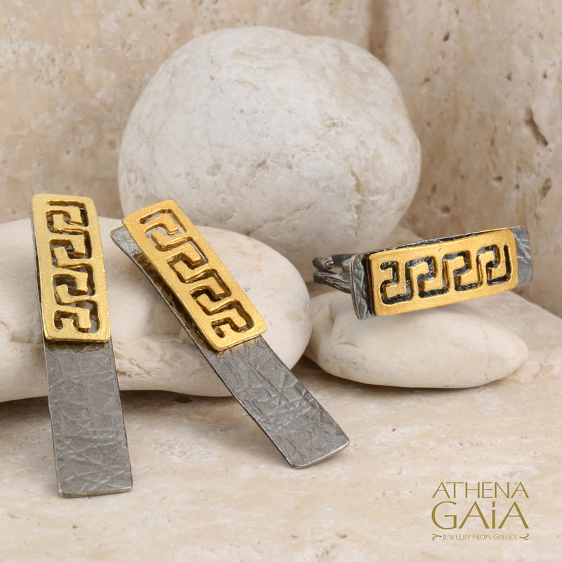 Greek Key Dual Panel Earrings - Gold Plated Sterling Silver Earrings