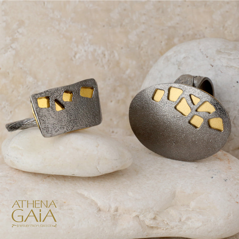 Oval River Stones Ring - Gold Plated Sterling Silver Ring