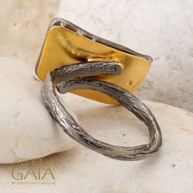 Rectangular River Stones Ring - Gold Plated Sterling Silver Ring