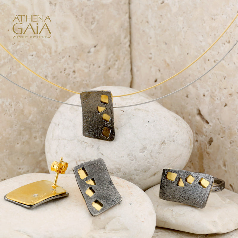 Rectangular River Stones Necklace - Gold Plated Sterling Silver Necklace