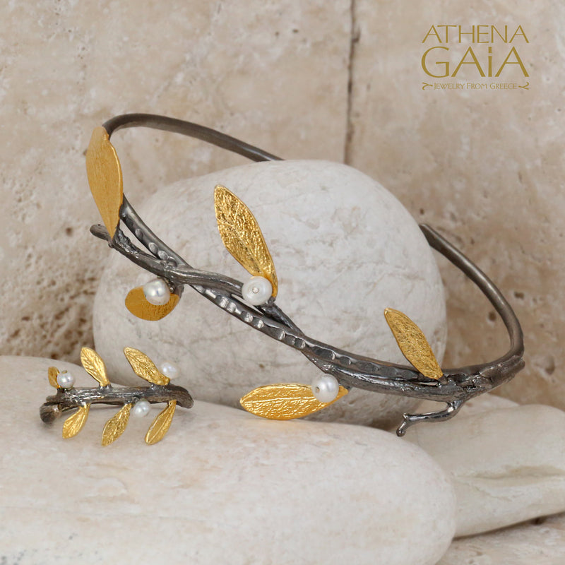 Pearl Olive Branch Cuff Bracelet - Gold Plated Sterling Silver Bracelet