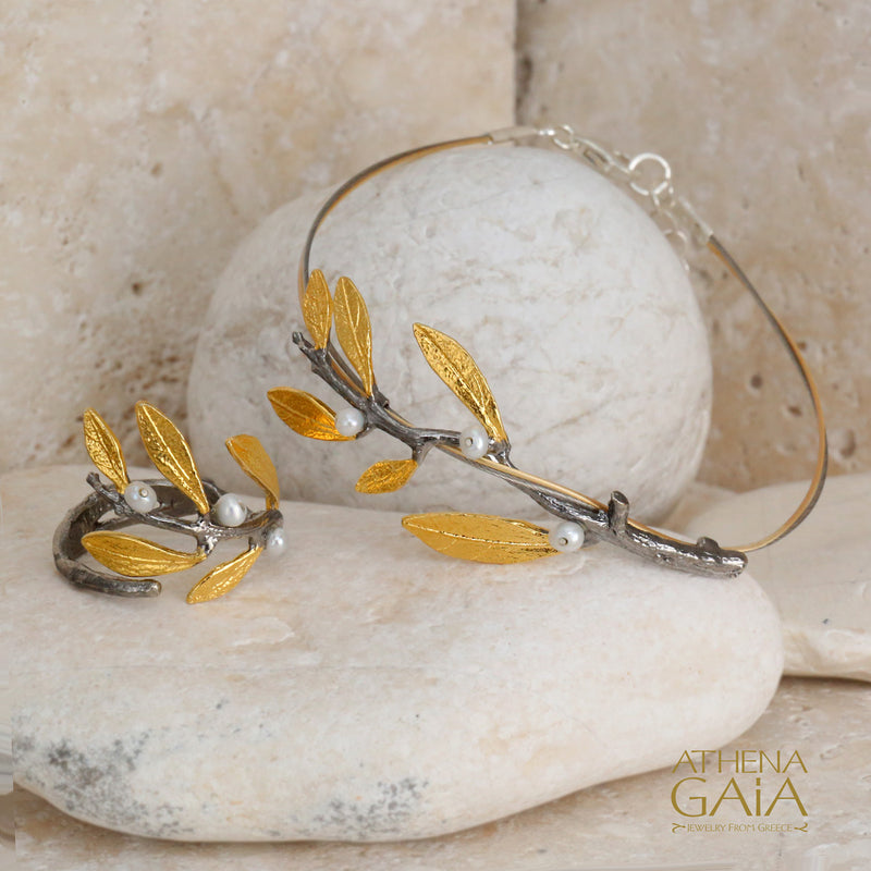 Pearl Olive Half Wrap Ring - Gold Plated Sterling Silver Ring