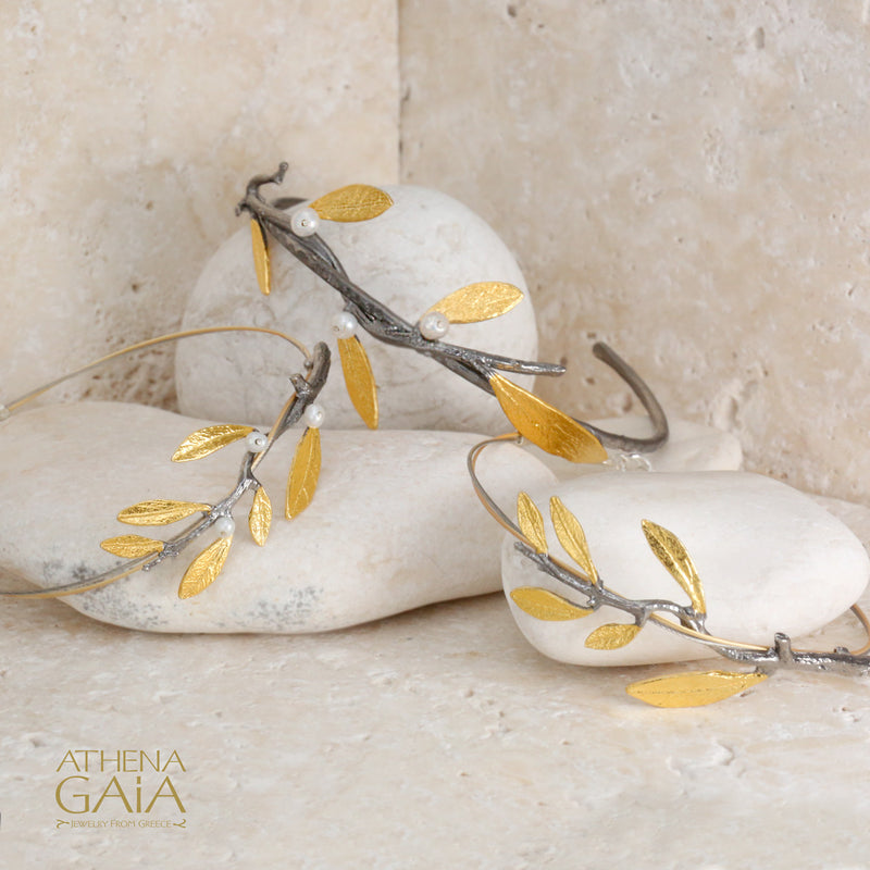 Pearl Olive Branch Cuff Bracelet - Gold Plated Sterling Silver Bracelet