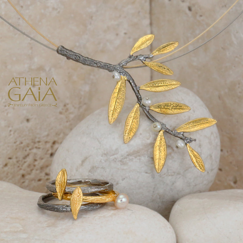 Mother Child Side Pearl Olive Twig Necklace - Gold Plated Sterling Silver Necklace