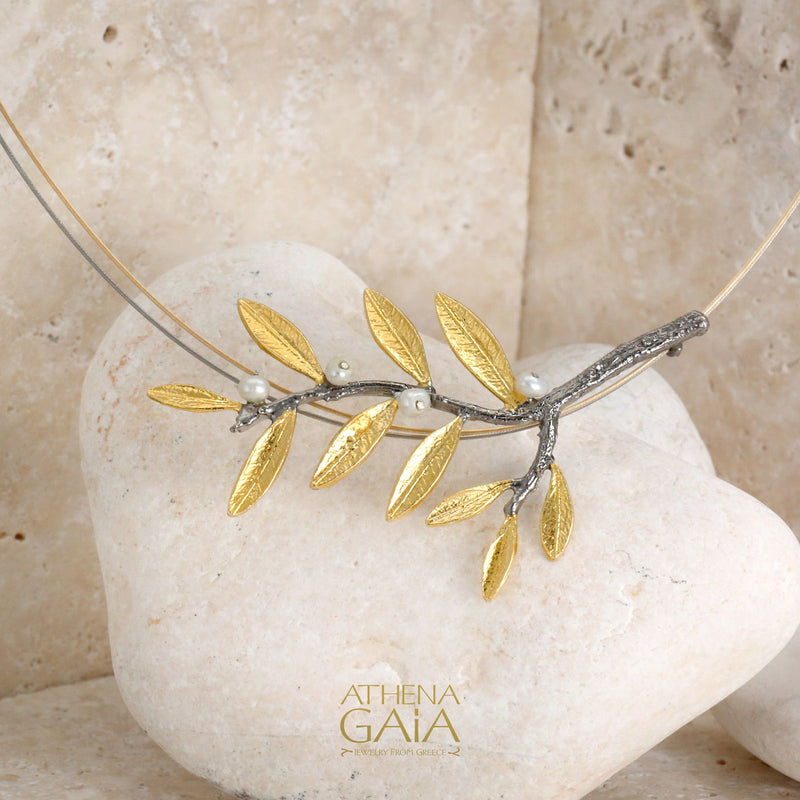 Mother Child Pearl Olive Twig Necklace - Gold Plated Sterling Silver Necklace