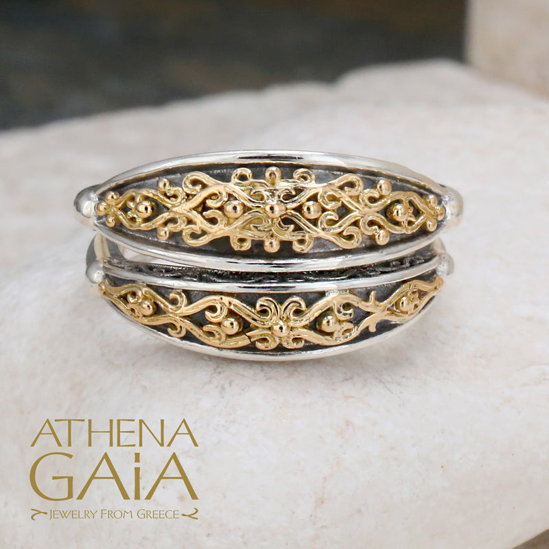 Aretousa Gold Vine Band Ring - 18k Gold & Sterling Silver Ring - Stackable Ring