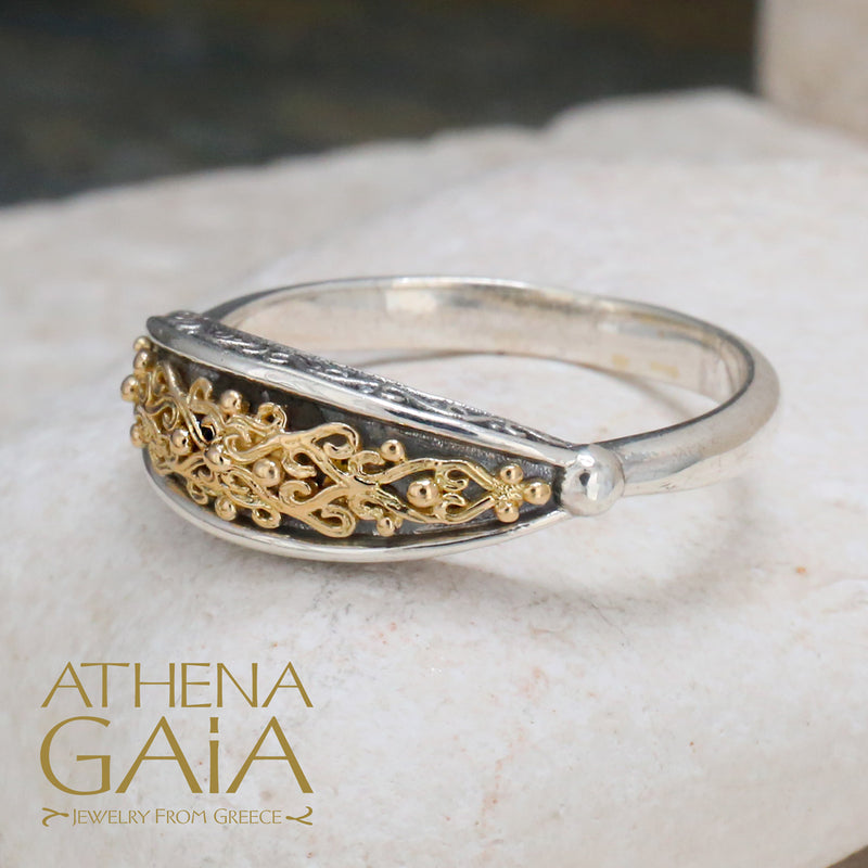 Aretousa Gold Vine Band Ring - 18k Gold & Sterling Silver Ring - Stackable Ring