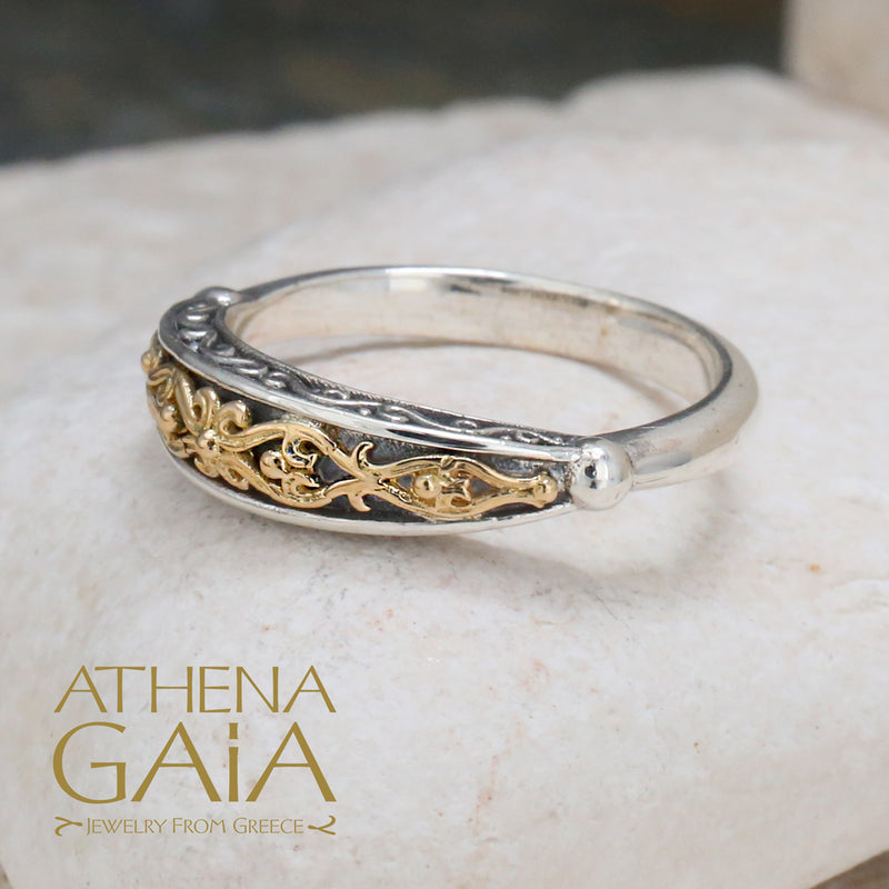 Aretousa Thin Gold Vine Ring - 18k Gold & Sterling Silver Ring - Stackable Ring