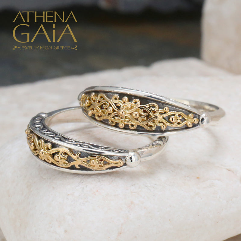 Aretousa Gold Vine Band Ring - 18k Gold & Sterling Silver Ring - Stackable Ring