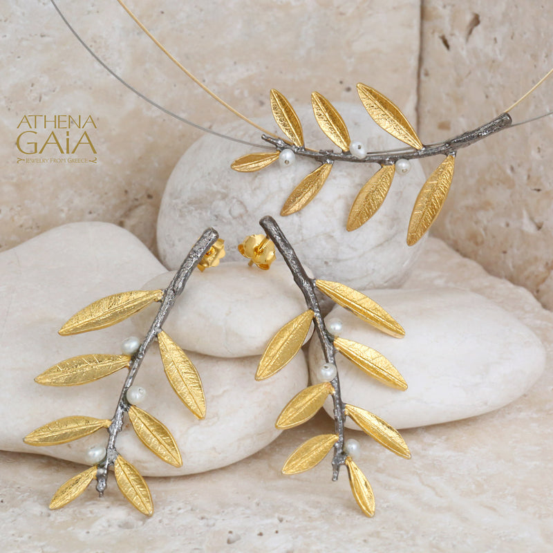 Pearl Olive Wide Twig Earrings - Gold Plated Sterling Silver Earrings