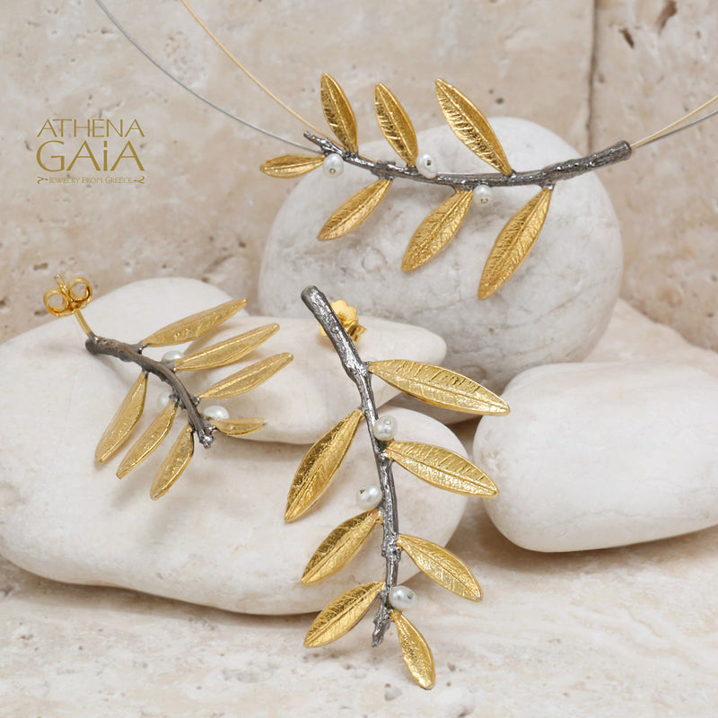 Pearl Olive Wide Twig Earrings - Gold Plated Sterling Silver Earrings