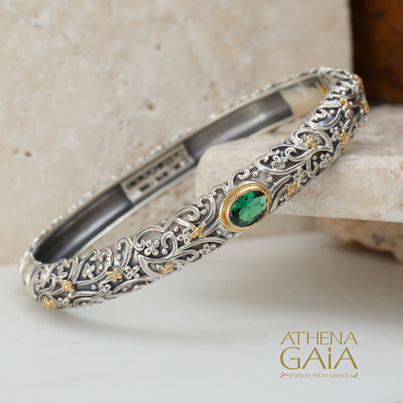 Large Stone Meadow Breeze Bracelet - 18k Gold and Sterling Silver - Hinged Bangle Bracelet