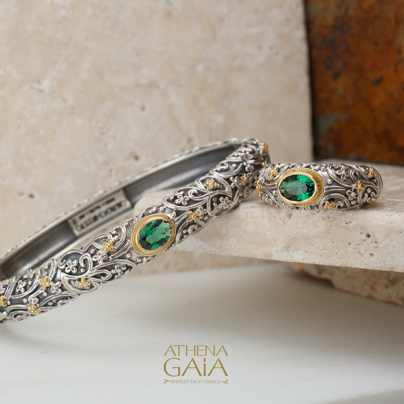 Large Stone Meadow Breeze Bracelet - 18k Gold and Sterling Silver - Hinged Bangle Bracelet