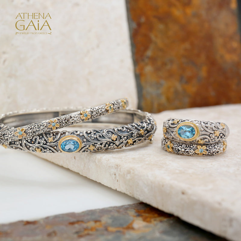 Large Stone Meadow Breeze Bracelet - 18k Gold and Sterling Silver - Hinged Bangle Bracelet